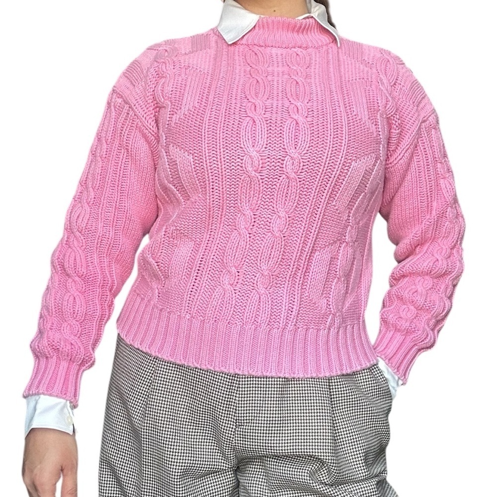 Classic Pink Cable Knit 100% Cotton Sweater Preppy Style Mock neck - Small - Picture 8 of 11